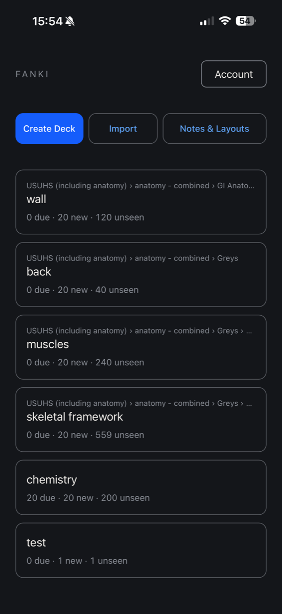 fanki's home screen listing decks with due, new and unseen counts