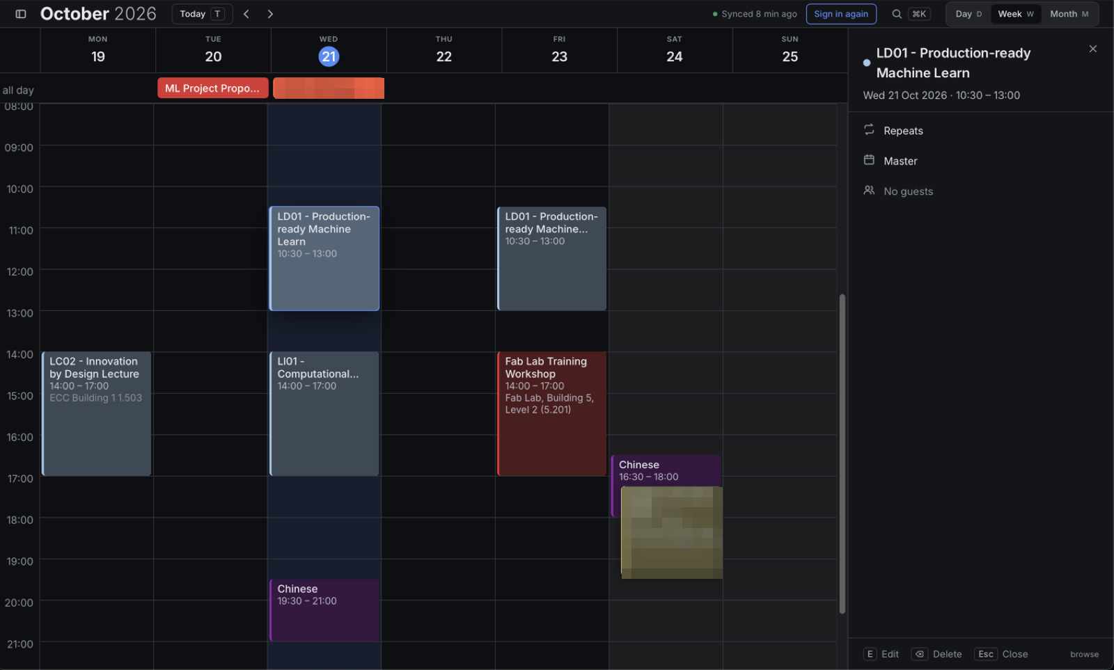 quickcal's week view with an event open in the side panel